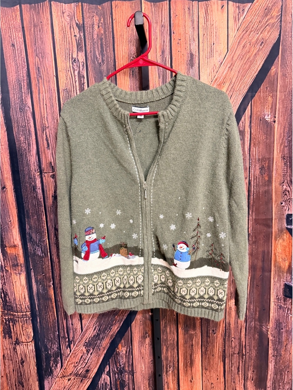 Croft & Barrow XL Olive Green Holiday Snowman Wool Blend Cardigan Sweater